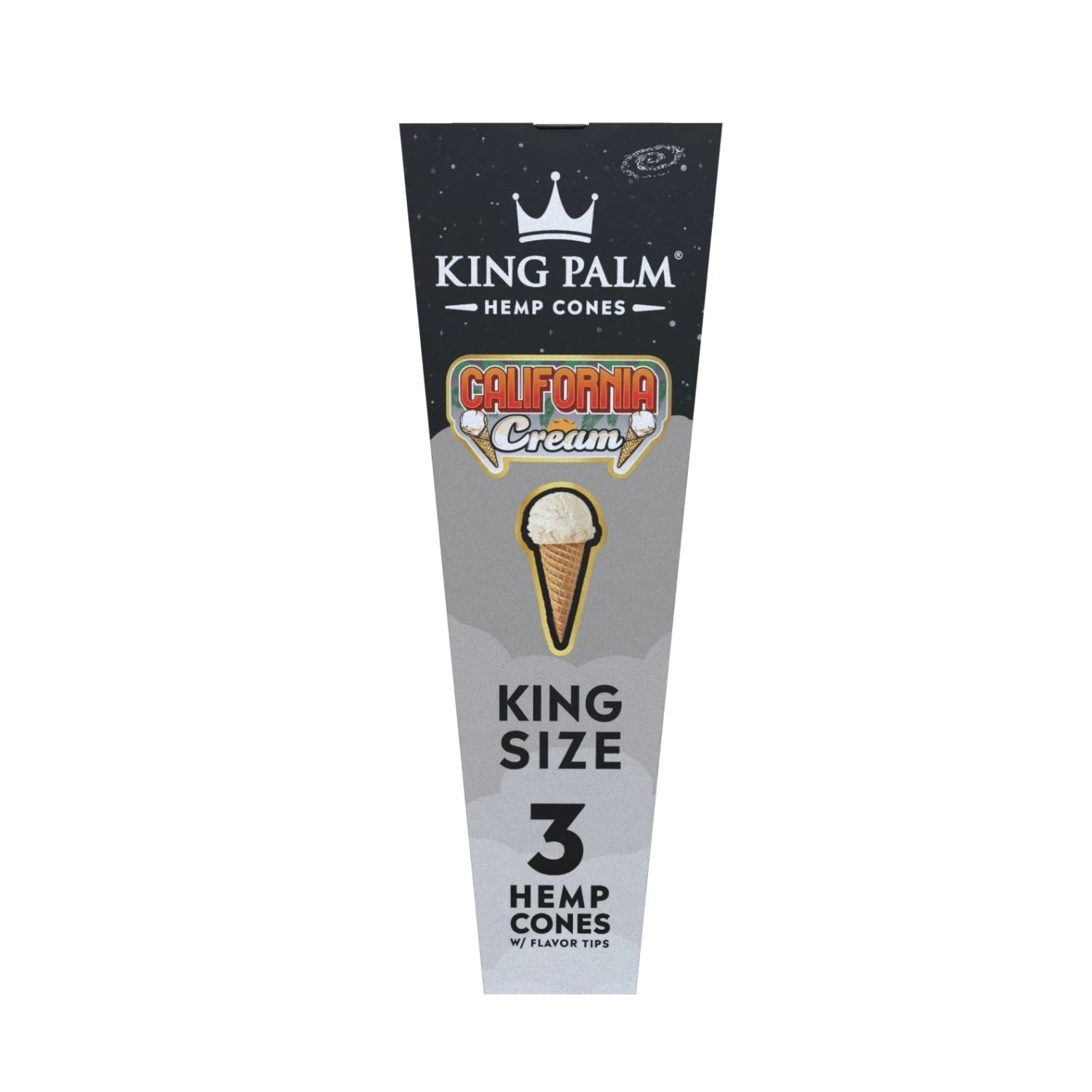 King Palm Hemp Cones California Cream – schmale Hochformat-Verpackung in Schwarz-Grau mit Eistüten-Illustration, 3 Hemp Cones in King Size mit Flavor Tips